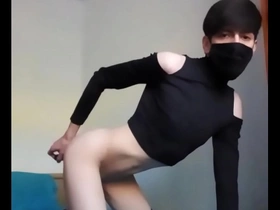 Femboy sticks a vibrator round his ass rub-down japan gay porn